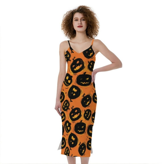 Black Halloween Pumpkin Pattern Print Slim Fit Midi Cami Dress, Halloween Decorative Fashion Summer Maxi Sexy Casual Dress For Women