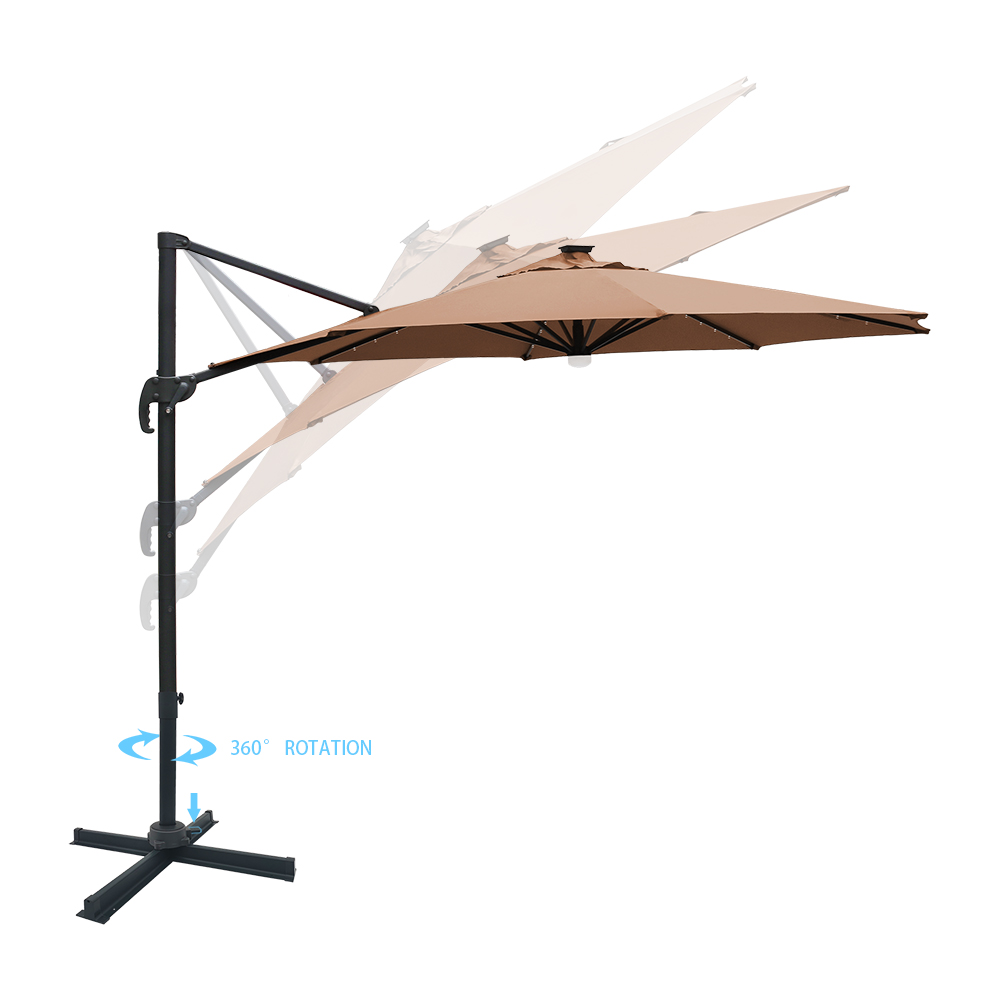 Abble 10 ft. Patio Umbrella 360-Degree Aluminum Rotation Hanging Offset Cantilever Umbrella Solar Lighted Market Umbrella, Tan