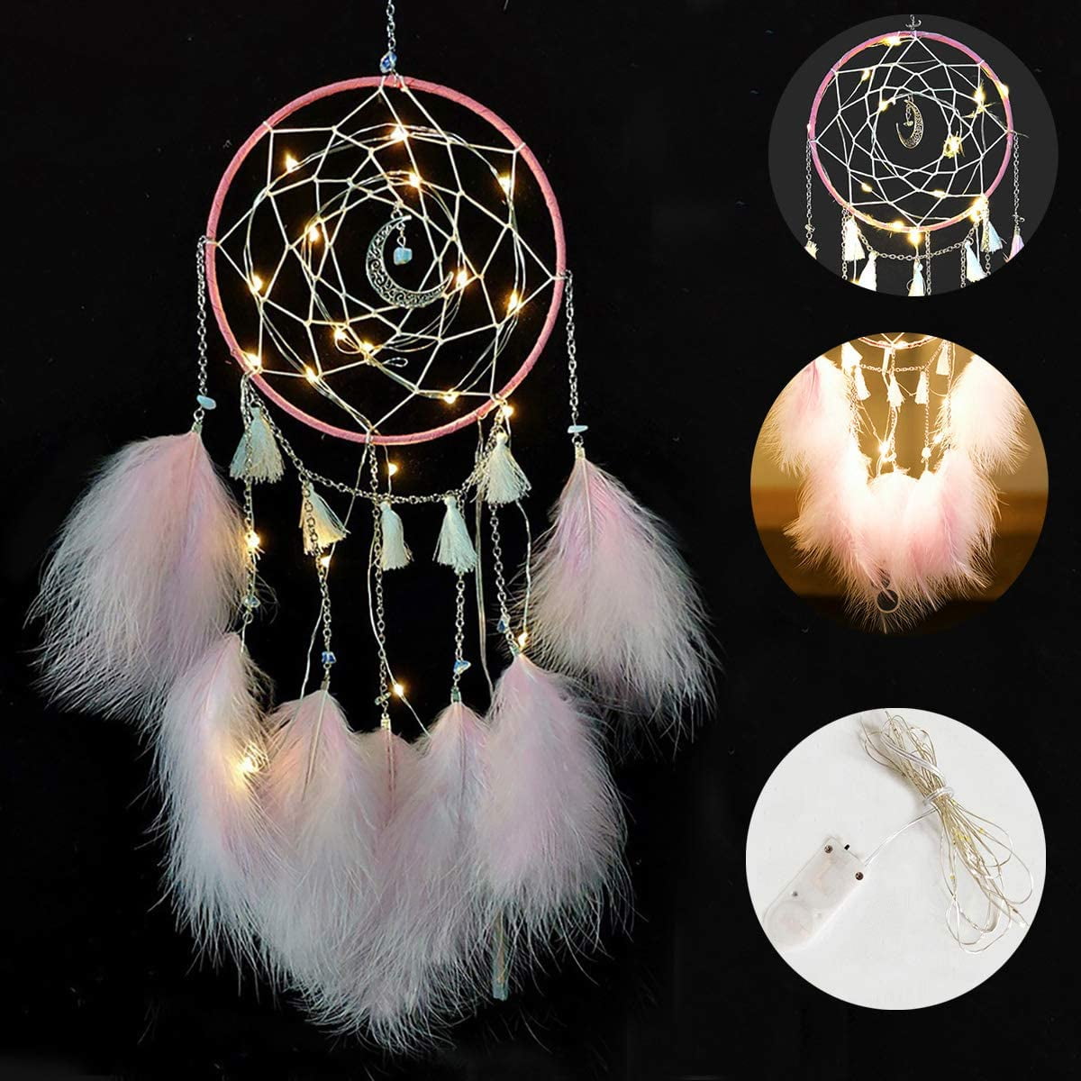 Attrape-Rêves LED Petit Gris - Lumière Nocturne Romantique, Plumes Et Perles Artisanales, Décoration Murale Chambre Enfant Ou Adulte