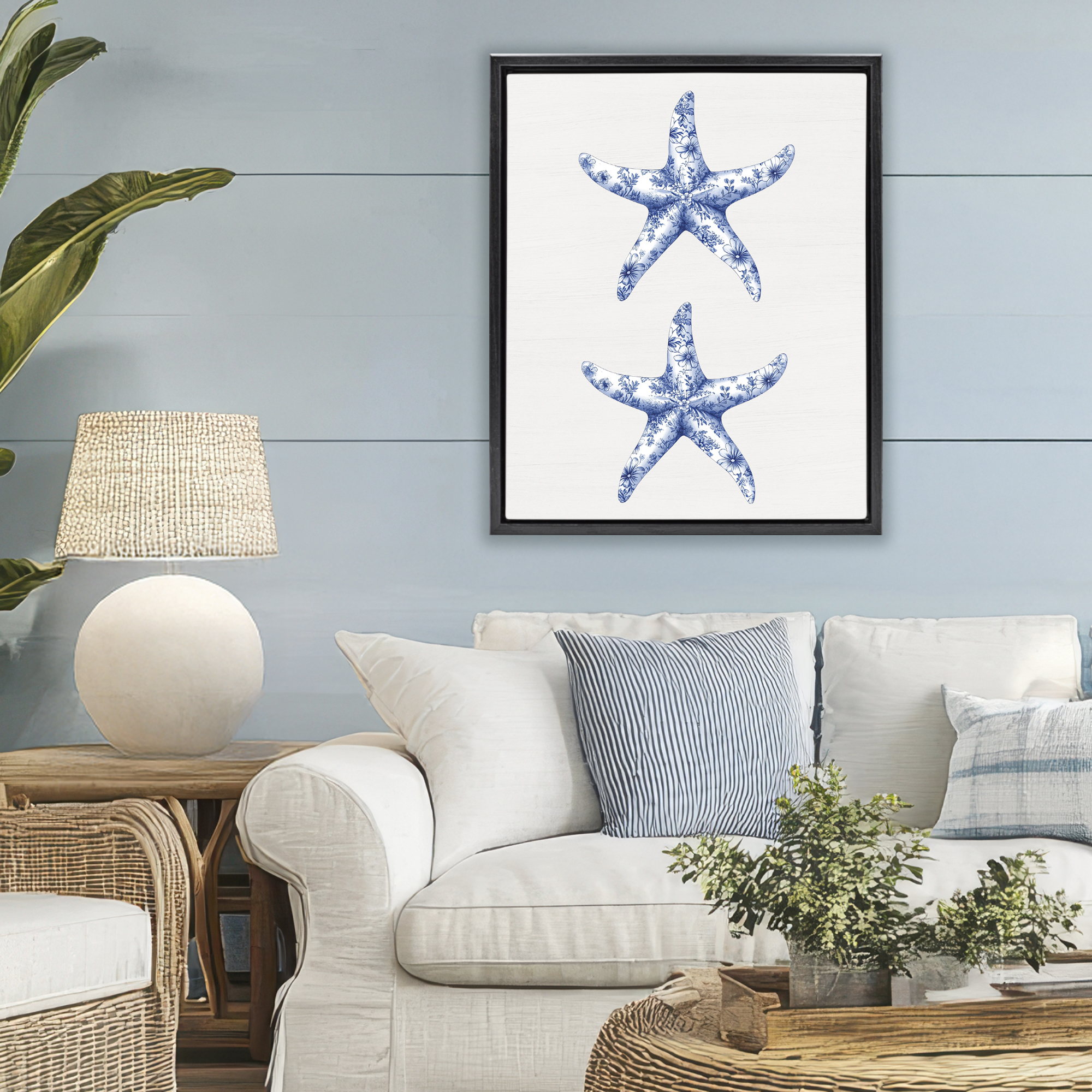 Vintage Toile Starfish Black Framed Floater Canvas Wall Art, design by Lettered and Lined