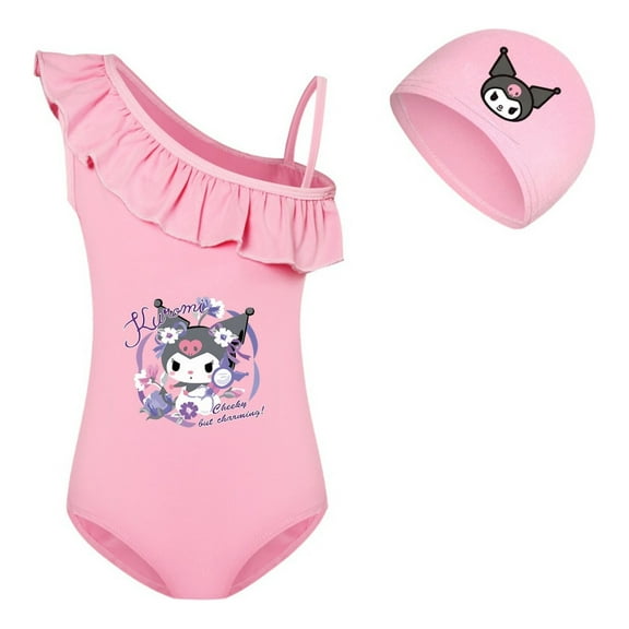 Kuromi Anime Kids Swimwear Set for Girls – One-Shoulder Bathing Suit with Adorable Swim Cap