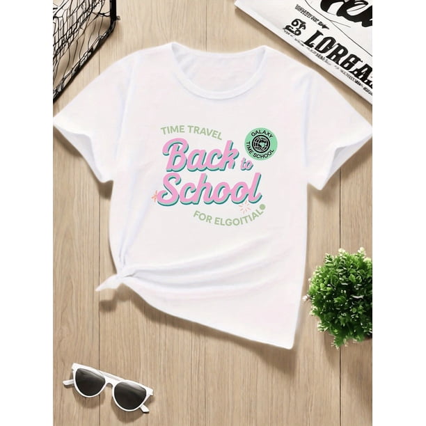 Camiseta informal de cuello redondo para niña - Estampado gráfico "Vuelta al Cole", 100 % algodón, manga corta, top de verano para uso diario | Camiseta con estampado divertido | Tela de algodón, ca
