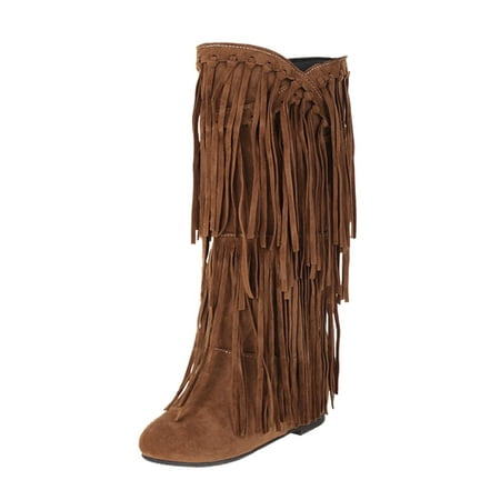 

PMUYBHF Knee High Boots Women S Plus Size Winter Heel Fringe Boots Inside Booster Mid Length Boots Buckle Fall Boots for Women