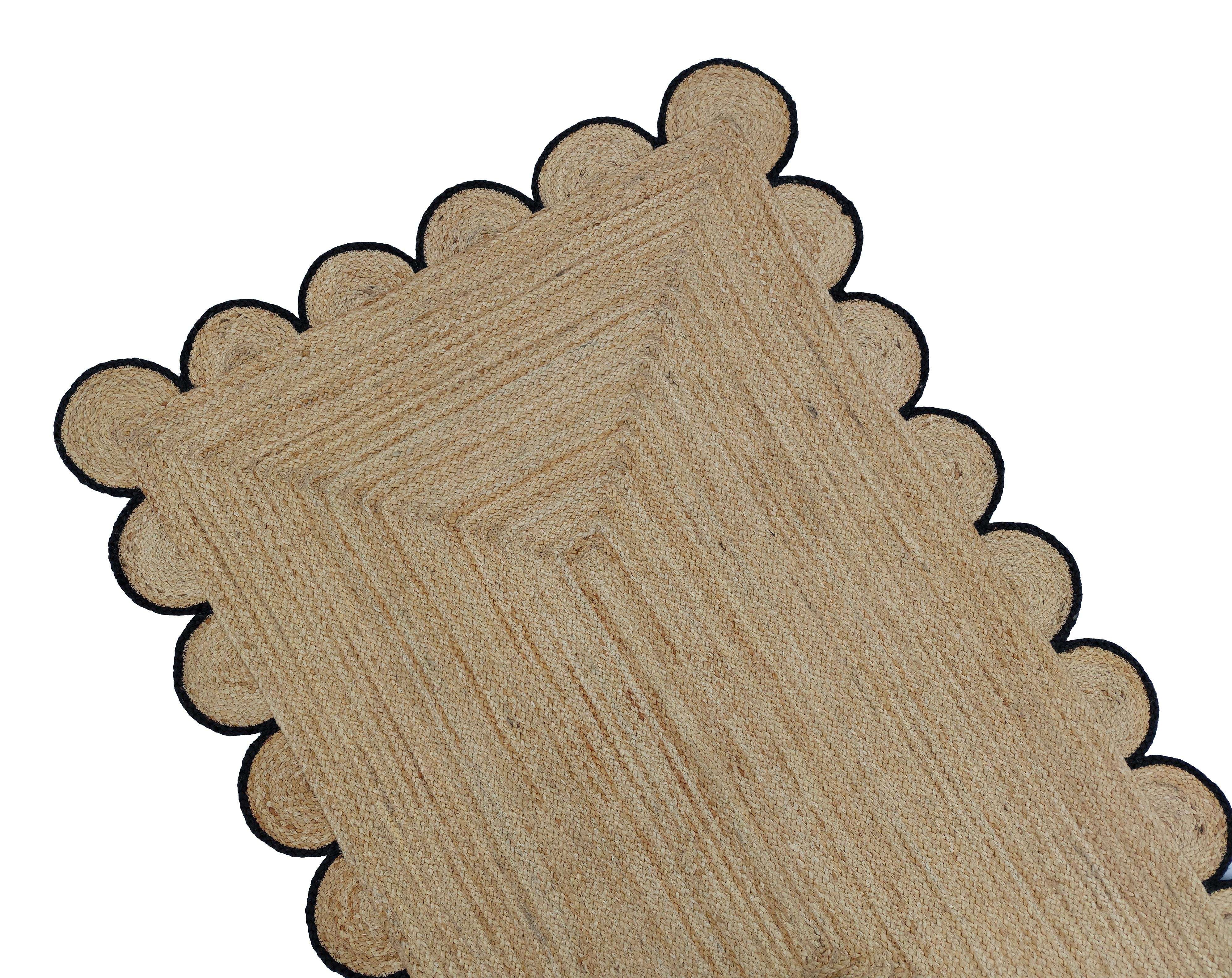 Jute Area Rug For Home And Living Room Décor Rectangular Scalloped Natural Jute Area Rug Carpet Black 2' x 16' BY KALVEERA