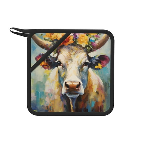 

Matuu Oil Painting Flower Cow for Square Silicone Anti-hot Pad for Kitchen Potholders Hot Dishers Spoon Holder