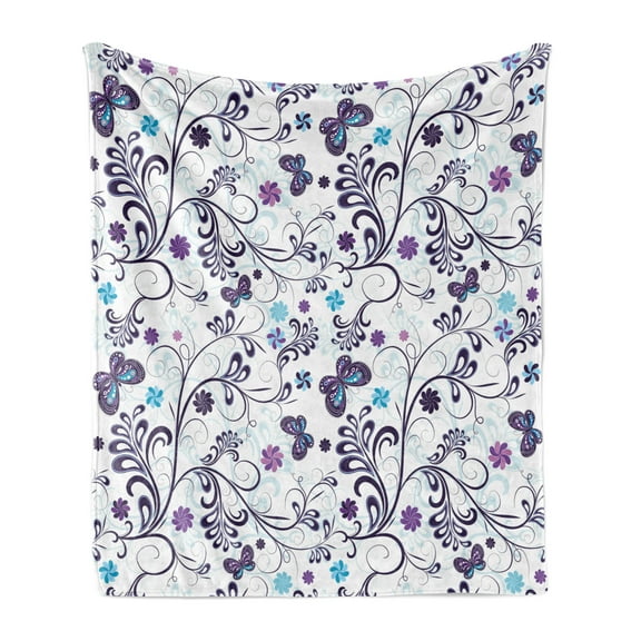Floral Soft Flannel Fleece Blanket, Spring with Flying Inspirational Butterflies and Swirls Branches Design, Cozy Plush for Indoor and Outdoor Use, 50" x 70", Dark Purple Pale Blue, by Ambesonne