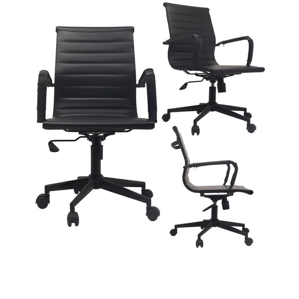 2xhome Mid Century Office Chair With Arms Wheels Modern Black Desk Chair Mid back PU Leather Arm