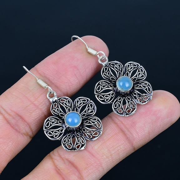 Blue Chalcedony Gemstone Gift 925 Sterling Silver Jewelry Earrings 1.77" VJ 5373