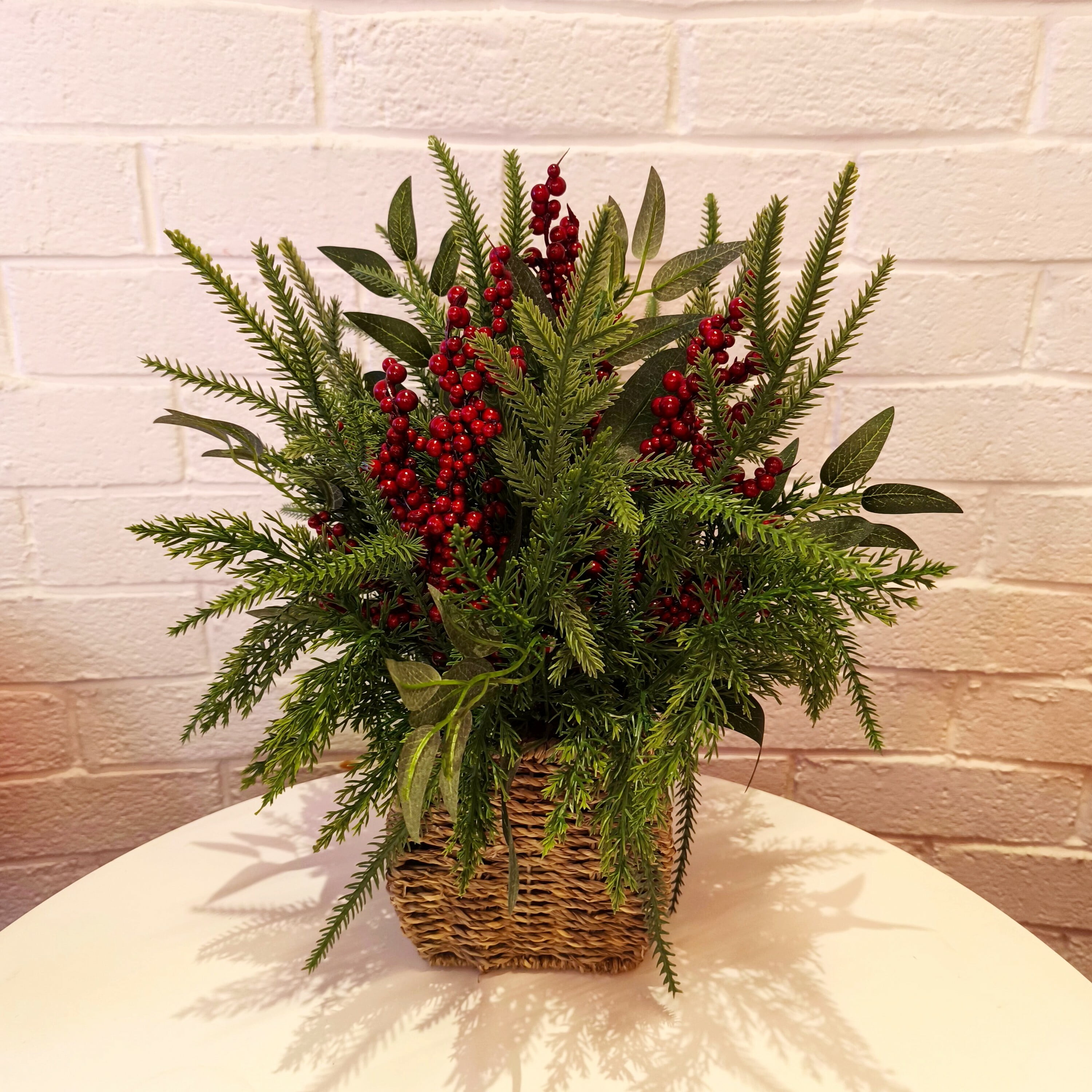Winter Floral Basket with Berries Christmas Tabletop Decoration, Green and Red, 15", by Holiday Time