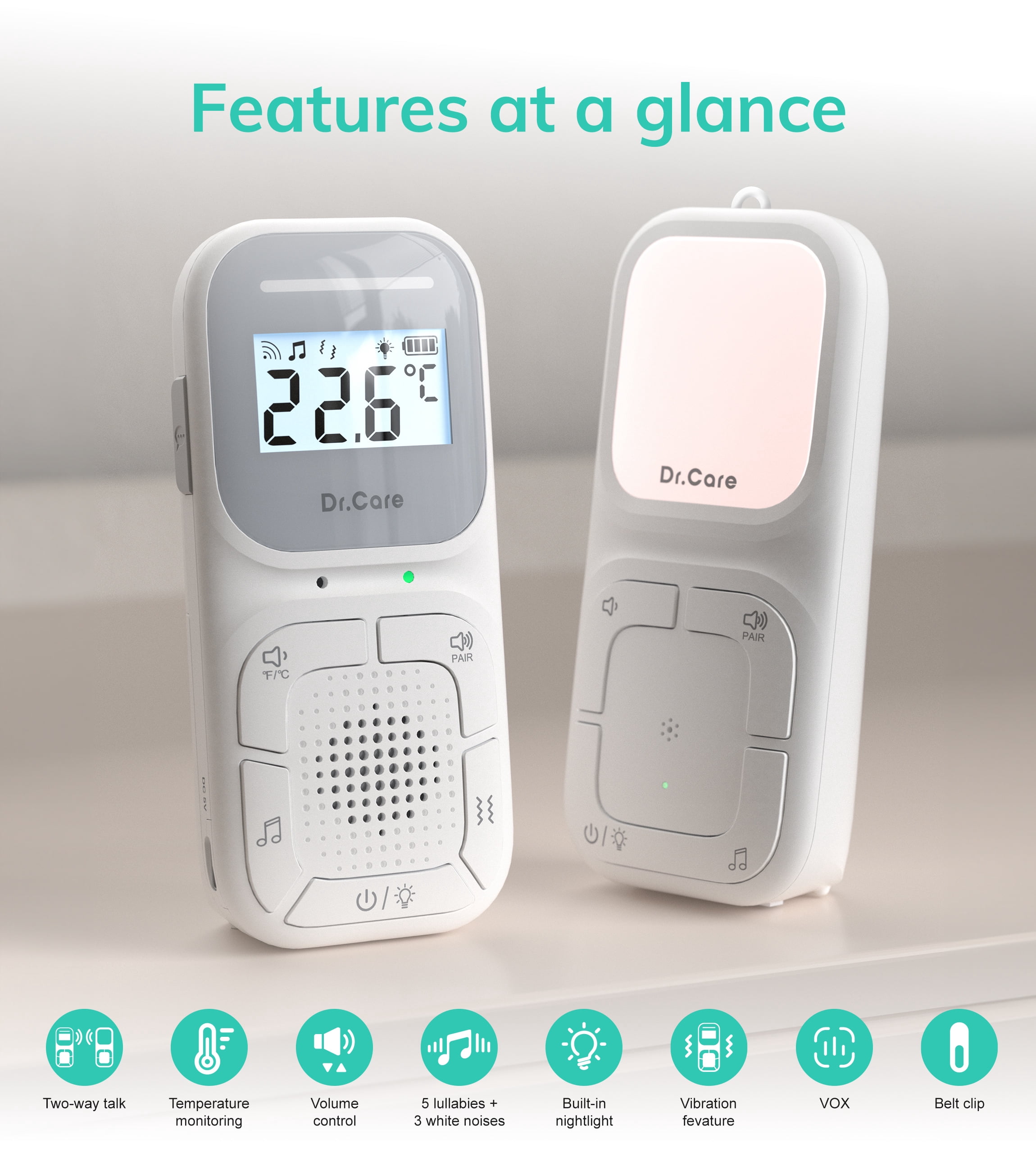 Dr.Care Portable Digital Audio Baby Monitor Built-in Nightlight , Hanging Cord 1000ft Range ABM002