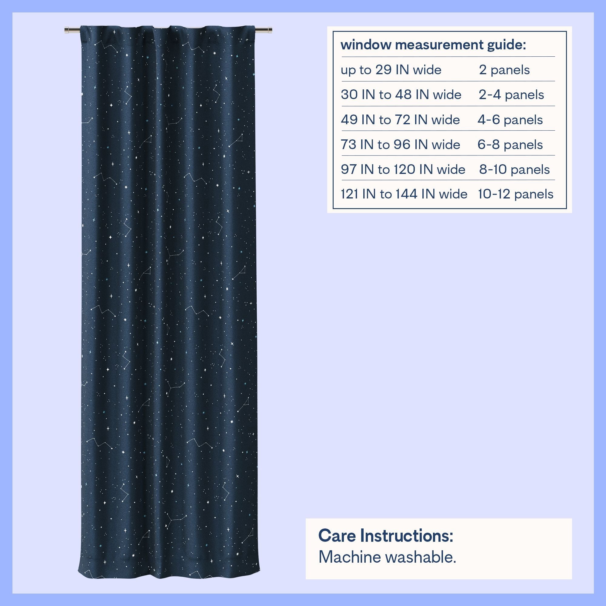 Mainstays Kids Dark Navy Printed Glow in the Dark Blackout Rod Pocket with Back Tabs Single Curtain Panel, Star Constellations Print, 38" W x 84" L