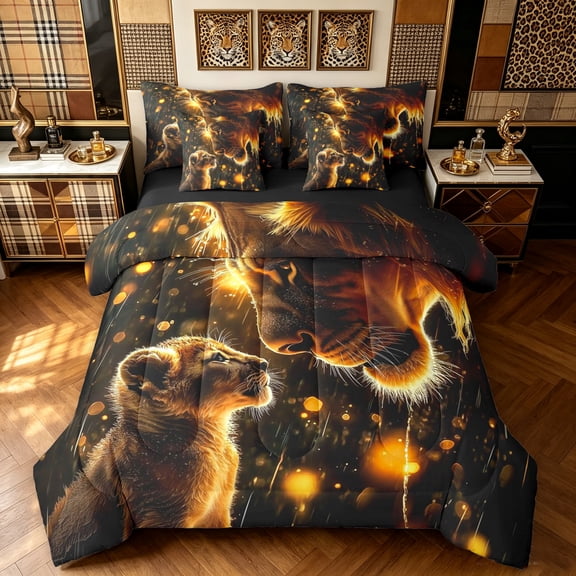 Manfei Jungle Animals Twin Bedding, Kawaii Lion Family Bedding Comforter Set, Dark Brown, Black Reversible, 7 Pieces