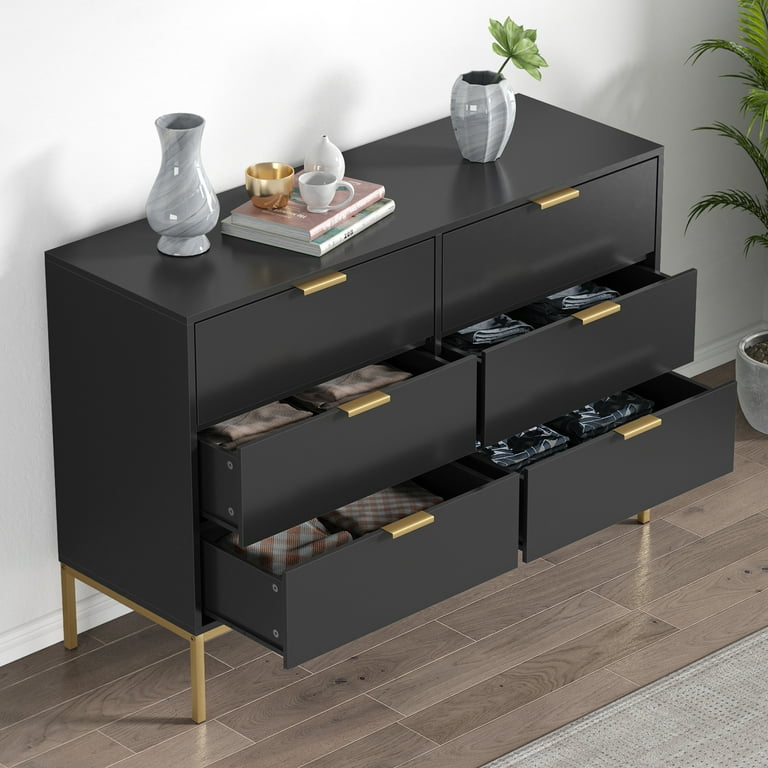 Eumyviv Modern Chest of Drawers with Gold Handles Mid Century Modern 6-Drawer Storage Dresser for Bedroom Living Room, Black H0123