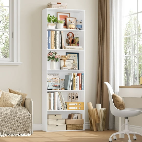 Homfa 6 Tier Tall Bookshelf and Bookcase, Wooden Bookcase Display Shelf for Living Room Home Office Library Storage, White