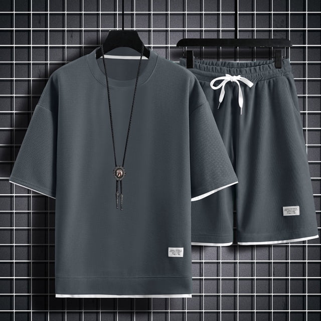WILLBEST Traje Deportivo Informal de Manga Corta de Verano para Hombre, Traje de Dos Piezas con Camisa Holgada y Pantalones Cortos