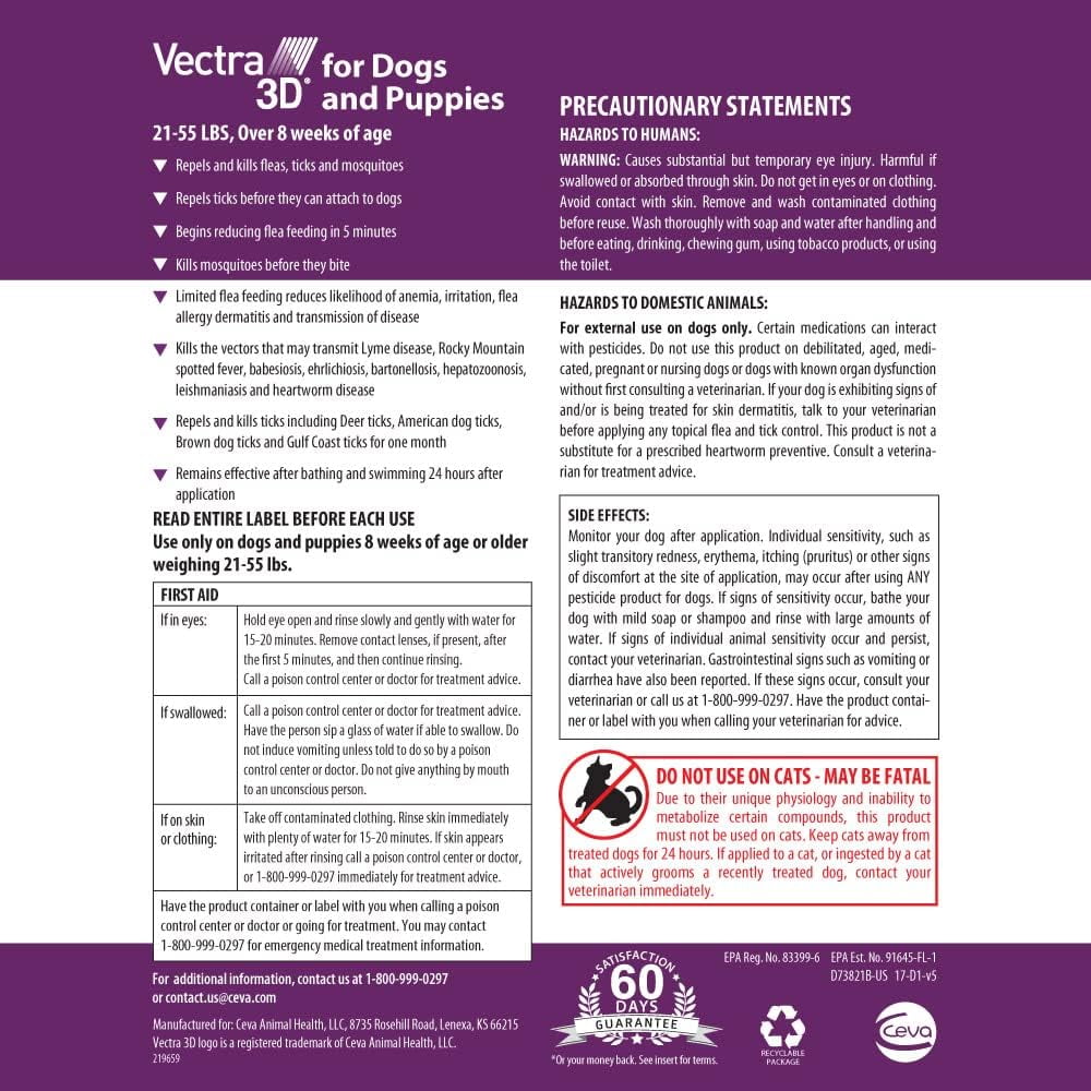 Vectra 3D Topical Spot on Flea & Tick Dogs Puppies 21-55lbs. 6CT
