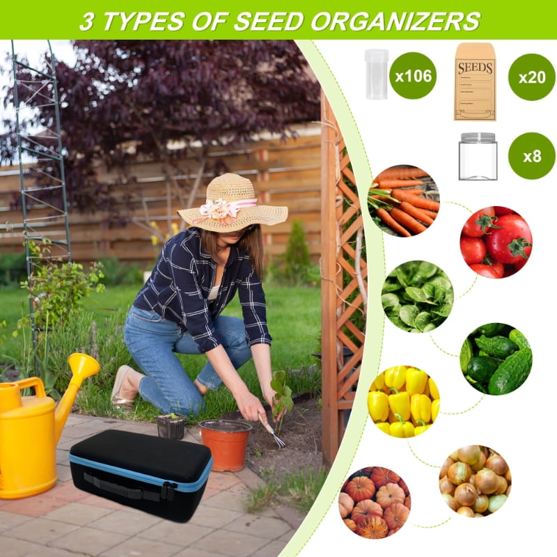 114-Slots Seed Storage Box with 20 Seed Envelopes, Portable Zipper Bag & Complete Accessories Including Labels, Tweezers and Funnel – Seed Organizer for  Vegetables and Flowers. Seeds not included.