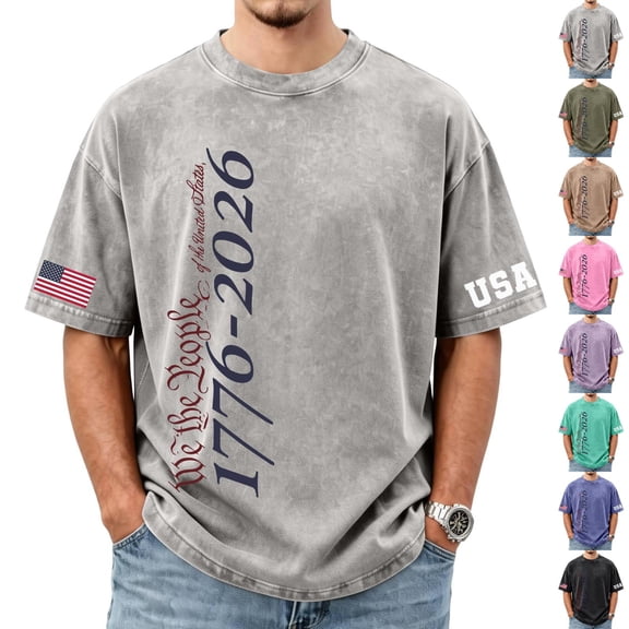 Youpwaven Men's 250th Anniversary USA Washed T-Shirt, 1776-2026 "We The People" Graphic Tee, Vintage Loose Fit Short Sleeve Top, Landmark Year Patriotic Apparel
