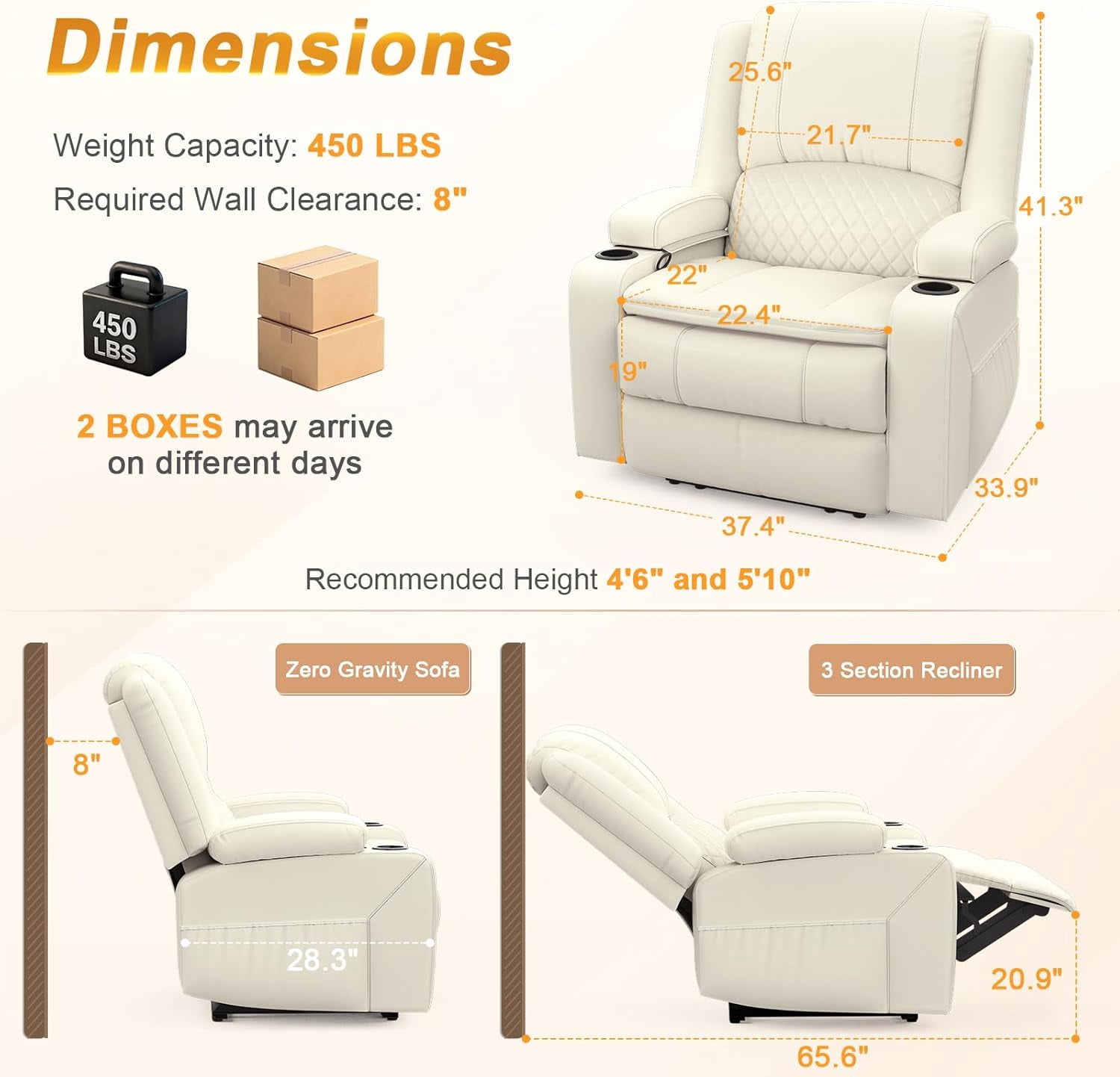 Oversized Manual Recliner Chair, 3-Angle Recliner with Hidden Arm Storage, Cup Holder & Side Pocket, Home Theater & RV Single Sofa, White