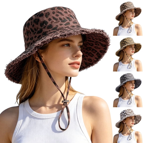 Shadoumai Womens Sun Hat with Leopard Print,Retro Fringed Edges Packable Cotton Bucket Hat Adjustable Outdoor Peaked Cap