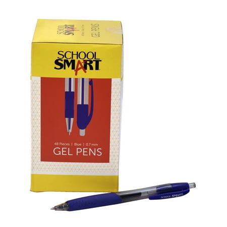 School Smart Retractable Gel Pens with Grip, Blue Ink, Clear Barrel, Pack of