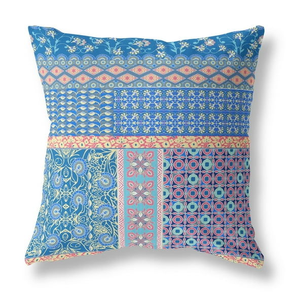 Flower Castle Patchwork Faux Suede Fabric Throw Pillow in Blue and Yellow 16x16