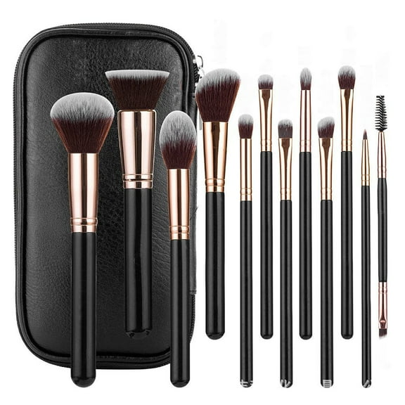 12 pack Makeup Brush Set,with black Cosmetic Bag for Blush, Highlighter, Eyeshadow, Concealer,for Beginners & Pros