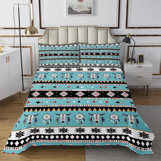 Longhorn Skull Quilt Set Geometric Aztec Bedspread Set King,Dream Catchers Coverlet Set Southwestern Quilted,Geometry Diamond Triangle Western Decor for Home