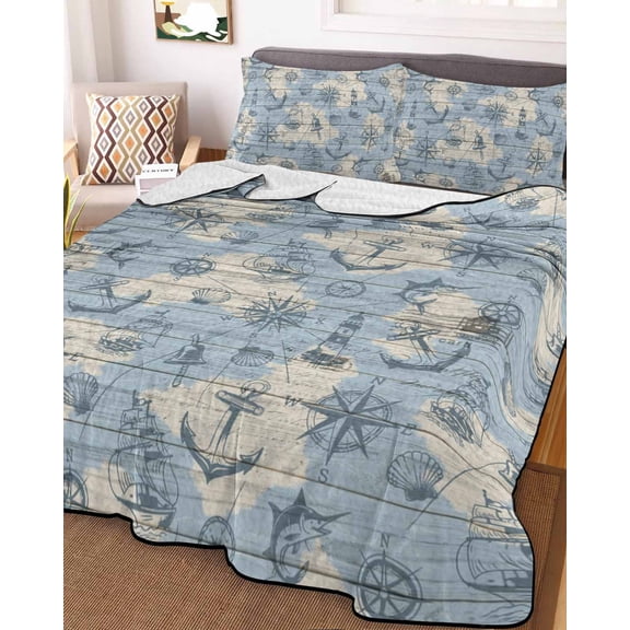 Nautical Blue King Size Down Alternative Comforter, Lightweight Comforter Quilt Bedding Set with Pillow Shams Sailing Anchor Compass Lighthouse Fish All Seasons Bed Comforter Duvet Insert 96"x106"