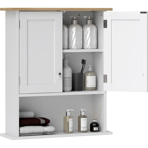 Gabinete de baño de pared, gabinete de baño moderno, botiquín de pared con 2 puertas, estante ajustable, sobre el inodoro, blanco