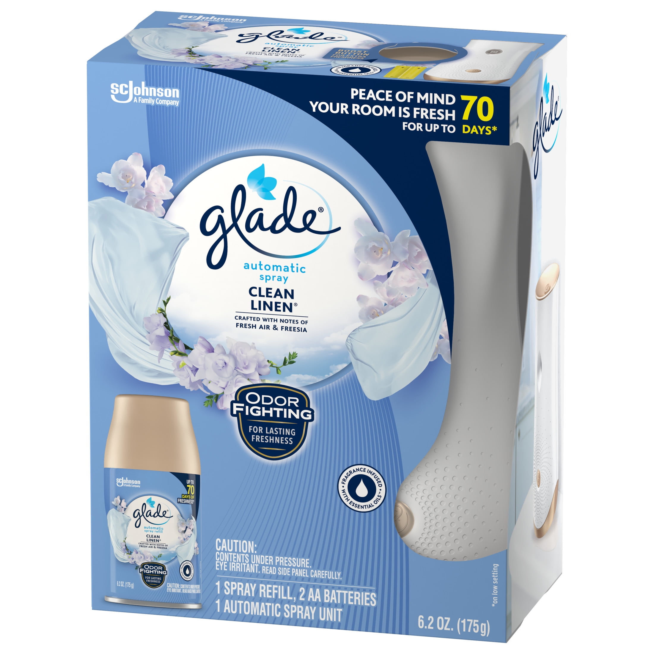 Glade Automatic Spray Air Freshener Starter Kit, 1 Holder and 1 Refill, Clean Linen, Fragrance Infused with Essential Oils, 6.2 oz, 2 Count