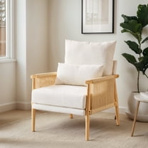 UBesGoo Modern Accent Chair, Chenille Armchair with Solid Wood Frame and Jute Rope Armrests, Comfy Single Reading Sofa with Pillow, Off White