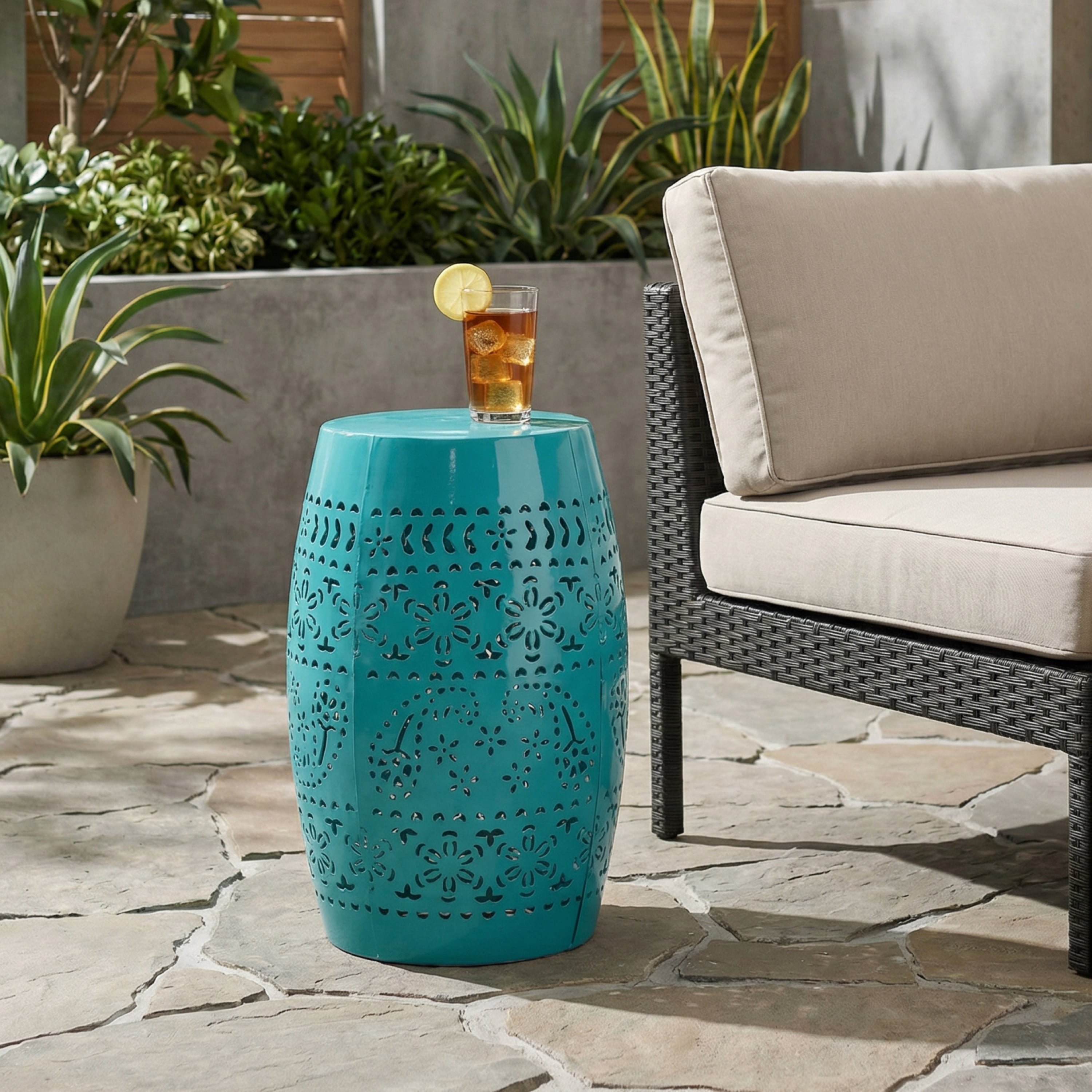 Outdoor Metal Accent Side Table 12 Inch, Simple Decor Table for Patio Garden, Teal