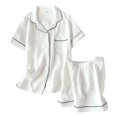 thumbnail image 2 of Krdevn Women Double Gauze Pajama Set, Notch Collar Short Sleeve Top & Shorts Solid Loose Plus Size Loungewear,White, 2 of 4