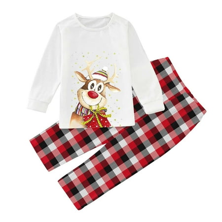 

Christmas Pajamas for Family Mommy 2 Piece Outfits for Women Long Sleeve Graphic T-Shirts Plaid Baggy Pants Lounge Set