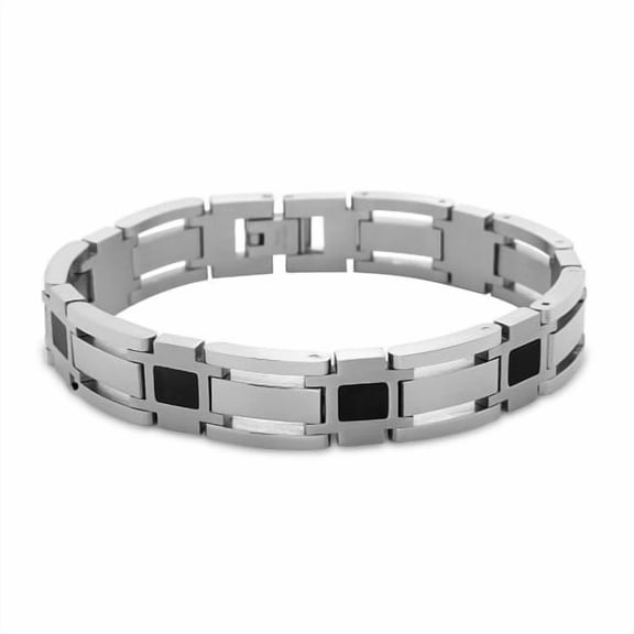 Stainless Steel Link and Black Squares Mens Bracelet