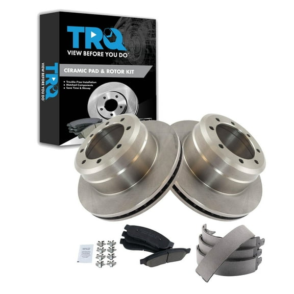 TRQ Rear Brake Pad & Rotor Kit Brake Pads Brake Rotor Parking Brake Shoe Set Ceramic Fits Select 2005-2012 Ford F-350 Super Duty 2011-2012 F-450 Super Duty