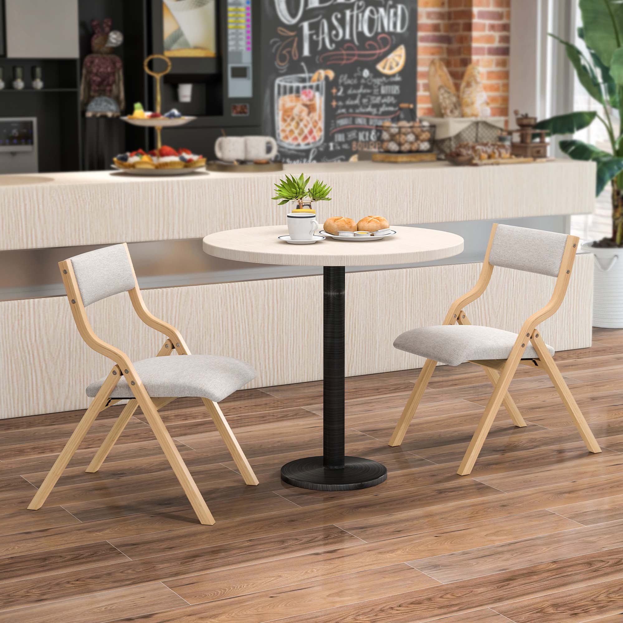 Costway Folding Dining Chair Set of 2 Wooden Upholstered Modern Linen Fabric Padded Seat