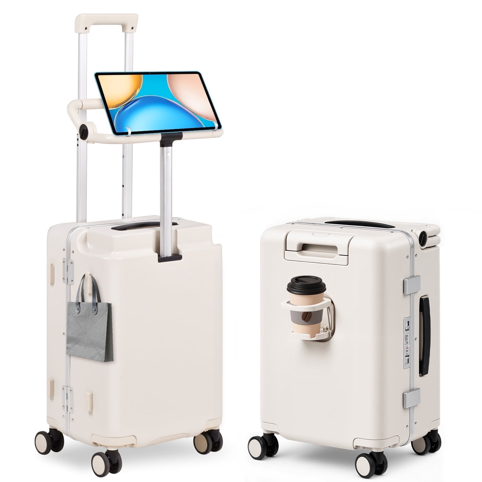 Advwin 20" Ride On Luggage with Foldable Seat, Cup/Tablet Holder, 6 PCs Packing Cube Set & TSA Lock, Hard Shell PC Spinner Travel Suitcase for Kids & Adults, Beige