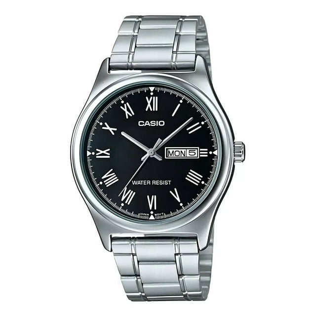 Reloj Casio Modelo Mtp-v006 Metal Carátula Negra Romanos Color Del Fondo Negro Color De La Correa Plateado Color Del Bisel Plateado