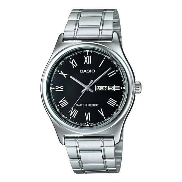 Reloj Casio Modelo Mtp-v006 Metal Carátula Negra Romanos Color Del Fondo Negro Color De La Correa Plateado Color Del Bisel Plateado