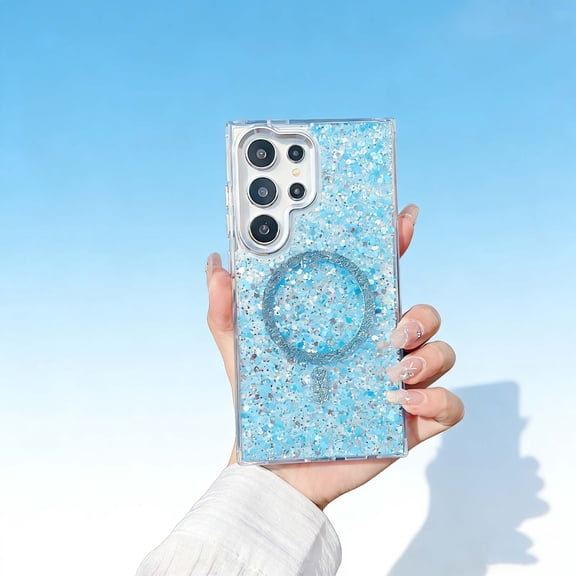 For Samsung Galaxy S25 Ultra Phone Case,Compatible with Wireless Charging,Bling Glitter Sequins Back Design,Dazzling Cute Shockproof Ultra Slim Anti-fall Drop Protection,Rugged Phone Case,Blue