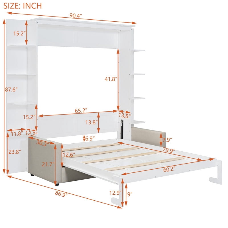 Queen Size Murphy Bed with Sofa, Wooden Wall Bed with Storage Shelves, Folding Platform Bed with Built-in LED Spotlights
