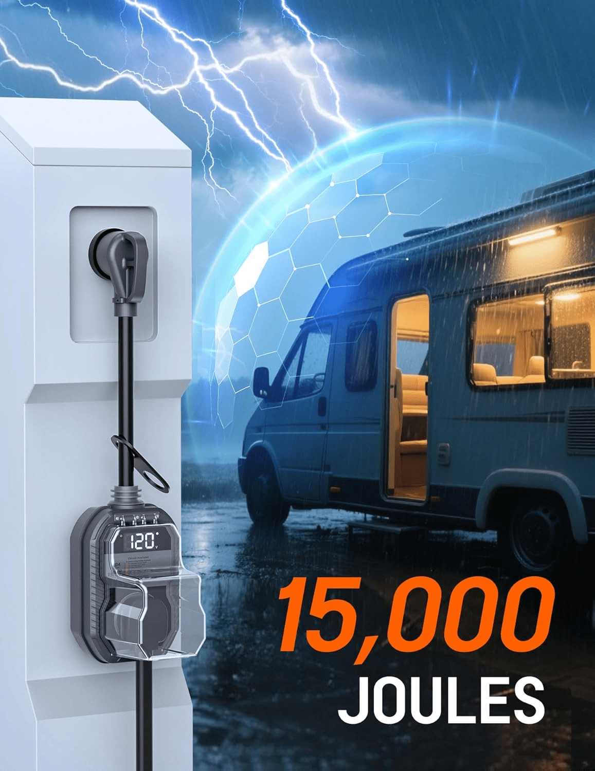 Mpow 15,000J RV Surge Protector 30 Amp with LED Display, 30 Amp RV Surge Protector with Voltage Monitoring, Clear Error Codes, Comprehensive Detection, IP68 Waterproof Cover