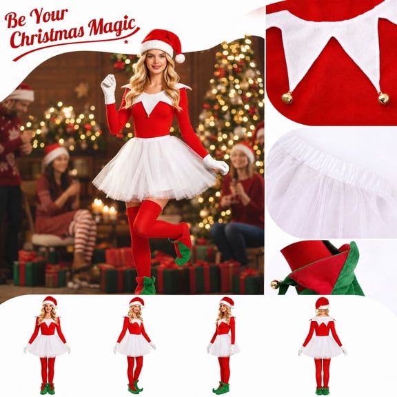 Women'S Christmas Costume Set, Red Elf Outfit With Tulle Skirt, Top, Socks, Hat And Gloves For Holiday Parties, Photos, Stage Events, Role Play And Seasonal Gatherings For Christmas Dress Up Events