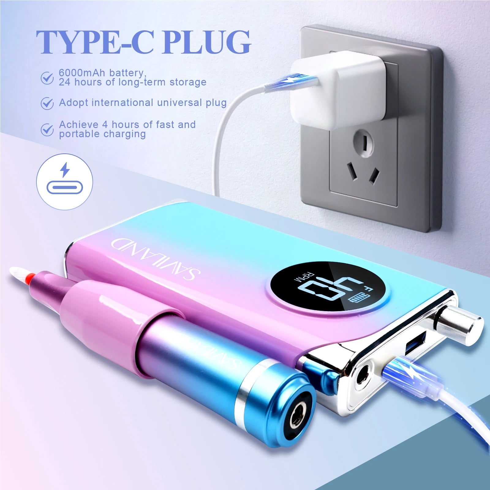 40000RPM Professional Electric Nail Drill Rechargeable Nail File Machine with 12 Drill Bits for Acrylic Nails Removing