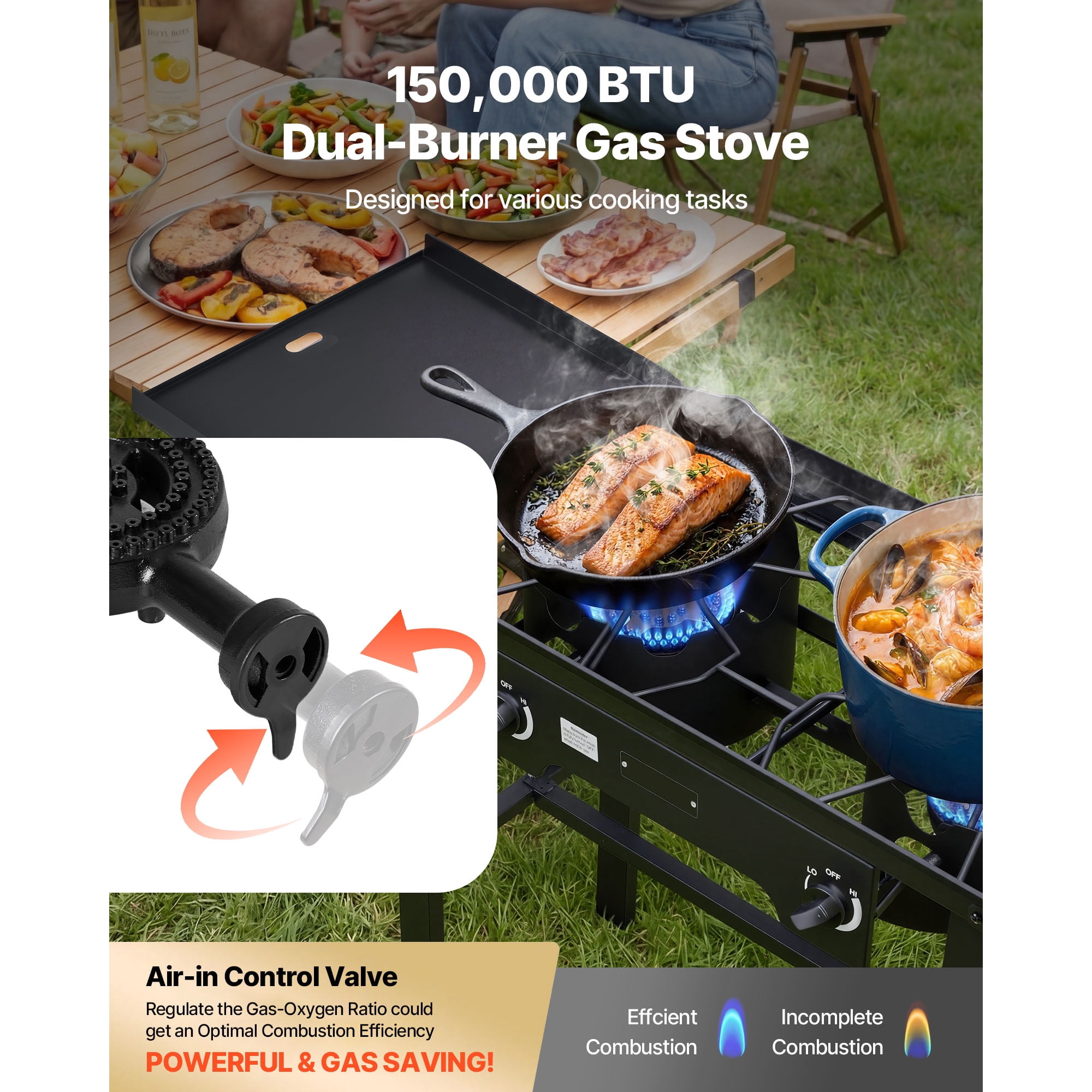KFFKFF 2-Burner Outdoor Propane Gas Stove, 150,000 BTU LPG Camping Cooker, Foldable Heavy-Duty Carbon Steel Design with Wheels, Shield, and 20 PSI Regulator, Ideal for BBQs, Camping,and Patio Cooking