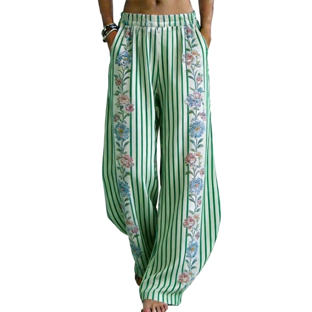 Pantalones de Piernas Anchas de las Mujeres Impresión Floral de Algodón Lino Suelto Casual de Cintura Alta Pantalones Largos Cónicos para Primavera Verano