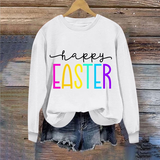 Jsaierl Sweatshirts Joyeuses Pâques pour Femmes Imprimé Lettre Tendance Manches Longues Pulls Décontractés Col Rond Ample