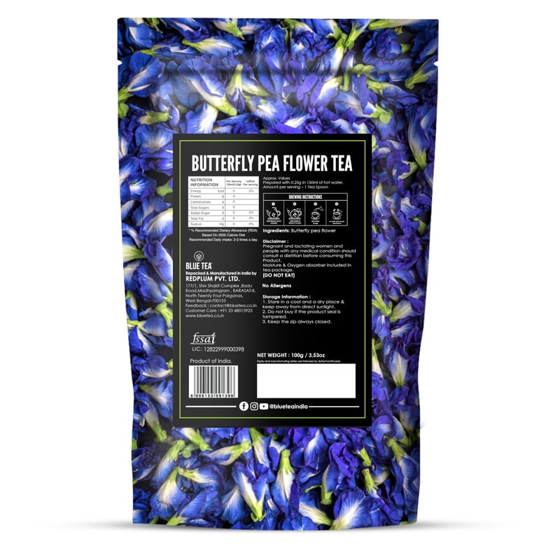 BLUE TEA - Butterfly Pea Flower Tea - 100 Count - Pyramid Plant Based Tea Bag - Herbal Tea - Flower Based - Caffeine Free - Zipper Pack